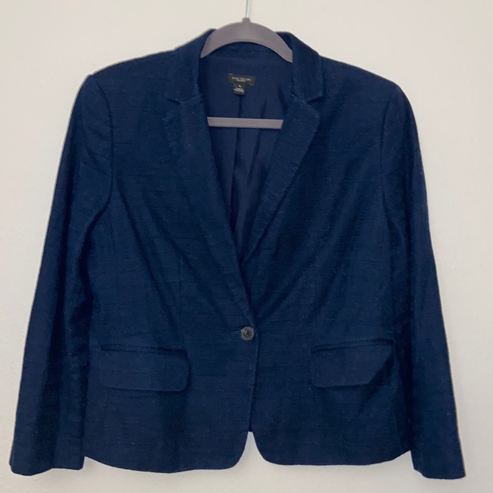 Ann Taylor The One Button Blazer navy blue knitted - sz 10 suit jacket w POCKETS